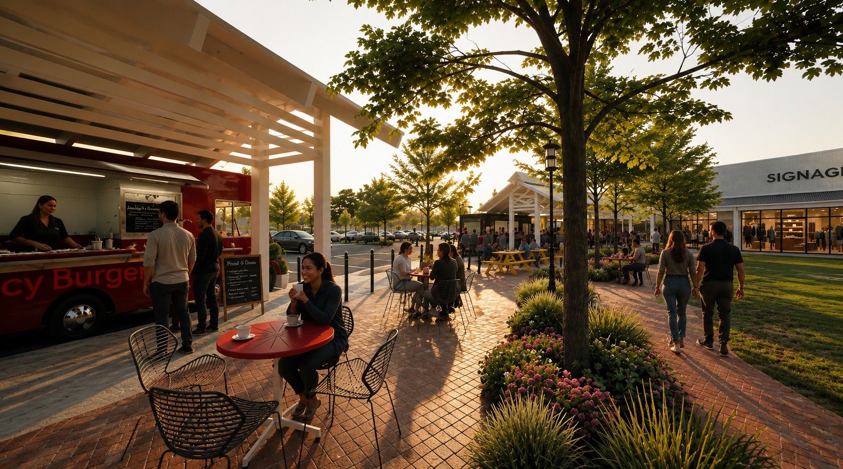 Rendering of the Town Green at Alexander Farms featuring people enjoying Food and refreshments from a food truck
