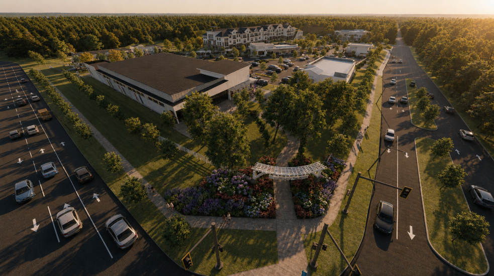 Aerial view of Alexander Farms Main entrance