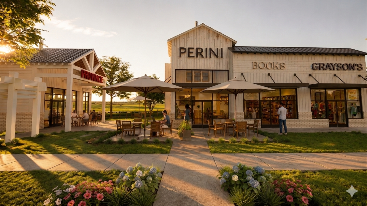 Rendering of a shop at Alexander Farms featuring people eating and working on laptops